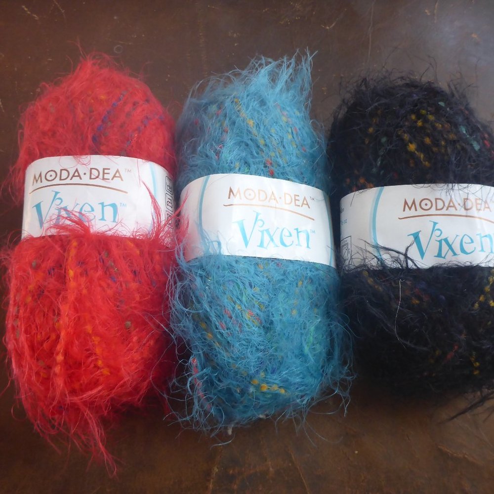3 Moda Dea Vixen Yarn Colors Licorice Whip, Blue Me Away & 3910 (Red Combo)